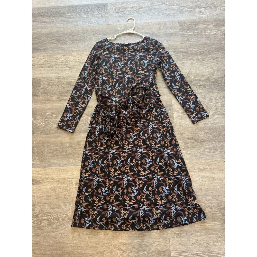 Pact Organic Cotton Dress Women's Sz S Long Sleeve Midi Wrap Black Floral Whimsy - Picture 2 of 4